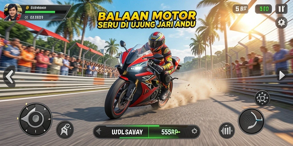 Tampilan gameplay 55RP yang mendebarkan dengan motor balap.