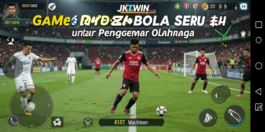 Screenshot gameplay JKTWIN dengan aksi seru di lapangan sepak bola.