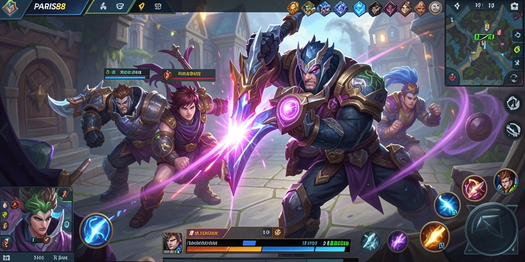 Screenshot utama menunjukkan pertarungan seru dalam gameplay MOBA.