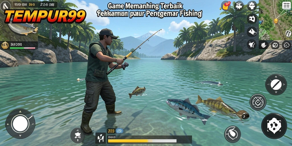 Tampilan gameplay utama dalam TEMPUR99 menampilkan aksi memancing yang seru.