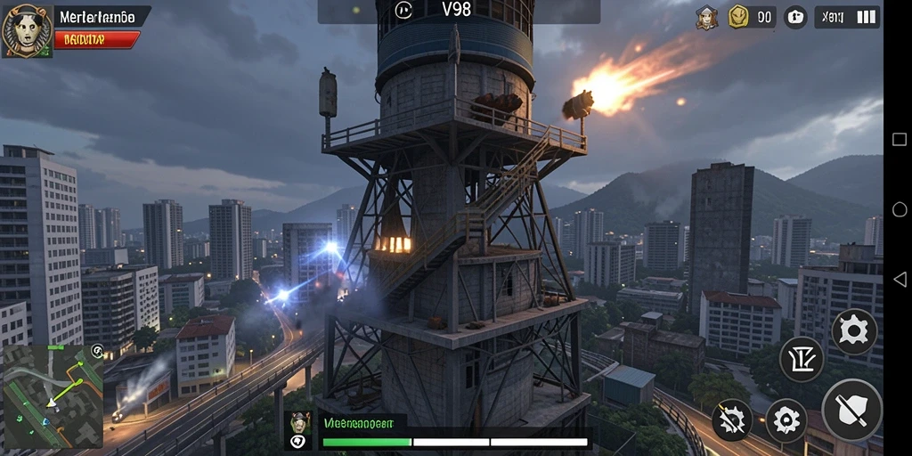 Gameplay menegangkan V98 dengan strategi menara yang cerdas.